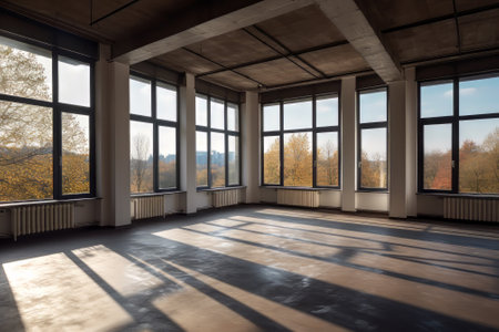 interior of empty room with large windows and wooden floor, nobody insideの素材