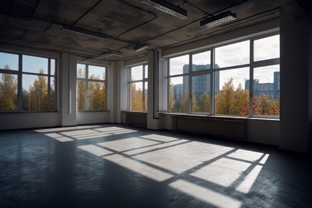 Empty room with large windows and a view of the city. 3d renderingの素材