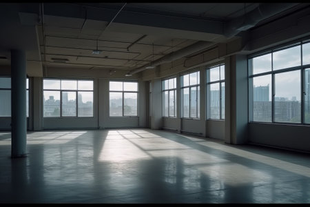 Interior of an empty office with large windows and city view.の素材