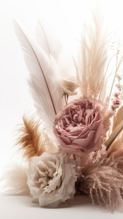 close up of a bouquet of flowers and feathers on white backgroundの素材