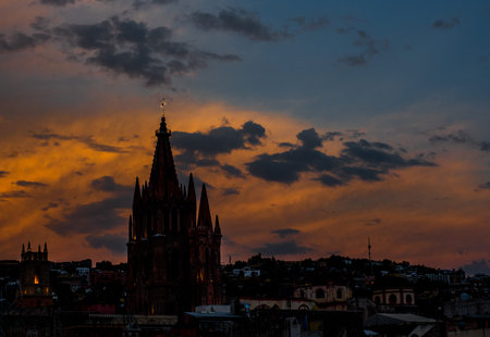 Sunset view of the Church of Our Lady of the Immaculate Conception in Prague, Czech Republicの写真素材