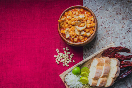 Mexican food, Menudo dish on pink backgroundの写真素材