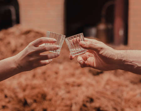 hands toasting with shots of mezcalの写真素材