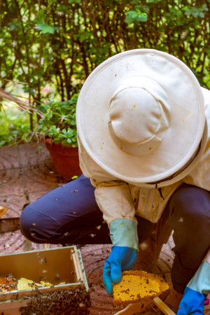 A beekeeper working in house where the bees have put a swarm in a door during the lock-down