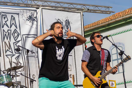 Manises, Valencia, SPAIN - "RubÃ©n" y "FerrÃ¡n" from the Valencian rock band Ramonets for children, during a concert during the COVID 19 pandemic. October 18, 2020 Manises, Valencia SPAINのeditorial素材