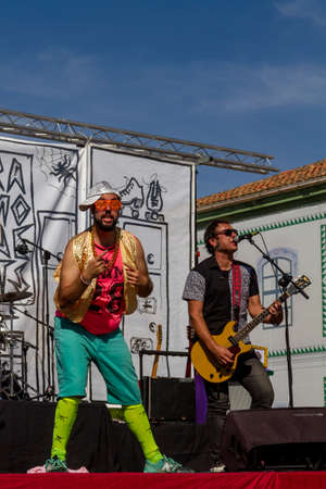 Manises, Valencia, SPAIN - "RubÃ©n" y "FerrÃ¡n" from the Valencian rock band Ramonets for children, during a concert during the COVID 19 pandemic. October 18, 2020 Manises, Valencia SPAINのeditorial素材