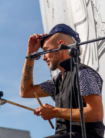 Manises, Valencia, SPAIN - "Dani", drummer of the music rock band in Valencian for children Ramonets, during a concert during the COVID 19 pandemic. October 18, 2020 Manises, Valencia SPAINのeditorial素材