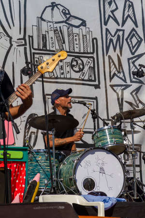 Manises, Valencia, SPAIN - "Dani", drummer of the music rock band in Valencian for children Ramonets, during a concert during the COVID 19 pandemic. October 18, 2020 Manises, Valencia SPAINのeditorial素材