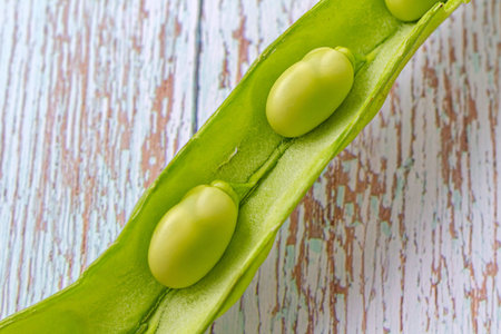 Two broad beans attached to their open pod on a wooden table in bleached blue tones