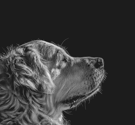 Black and white photograph of a face of a dog of the golden retriever breed in the foreground with a dark background. The dog is light cream coloredの写真素材