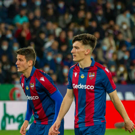 Valencia, (SPAIN) - April 10, 2022 - Levante UD players Bardhi and Pepelu during the match against FC Barcelonaのeditorial素材