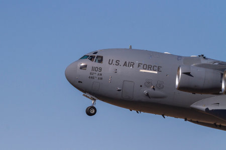 Zaragoza, Spain - May 10 2023: Boeing C-17 Globemaster III McChord of the US Air Force lands at the Zaragoza Air Military Base during the Swift Response 2023 exercisesのeditorial素材
