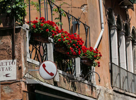 Balcony with flowers, Venice, Italyのeditorial素材