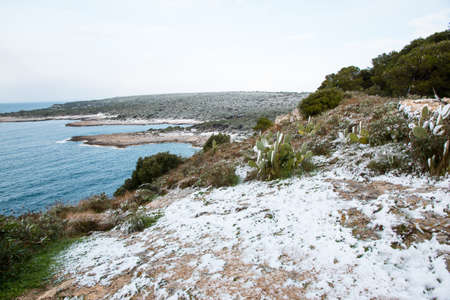 Ionian coast after a exceptional snowfall, Salento, Italy.の写真素材