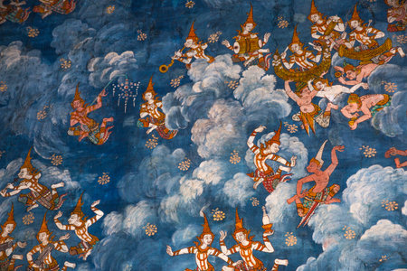 Buddhist painting detail inside Wat Bowonniwet Wihan (Pavaranivesh Vihara Rajavaravihara), Phra Nakhon district, Bangkokの写真素材