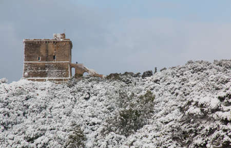 Santa Caterina tower after a exceptional snowfall. 
Jan 2017, Salento, Italy.の写真素材