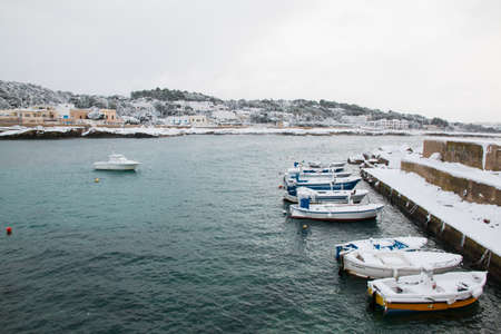 Ionian coast near Santa Caterina after a exceptional snowfall. 
Jan 2017, Salento, Italy.の写真素材