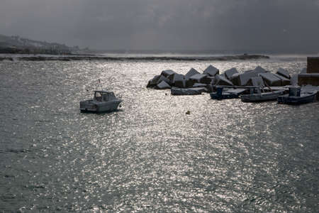 Ionian coast near Santa Caterina after a exceptional snowfall. 
Jan 2017, Salento, Italy.の写真素材