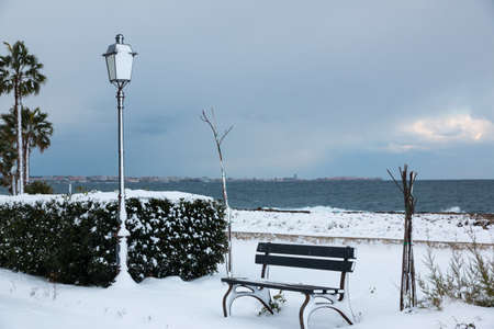 Ionian coast after a exceptional snowfall. 
Jan 2017, Salento, Italy.の写真素材