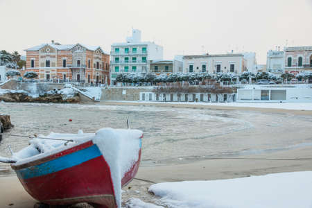 Santa Maria al Bagno beach after a exceptional snowfall. 
Jan 2017, Salento, Italy.の写真素材