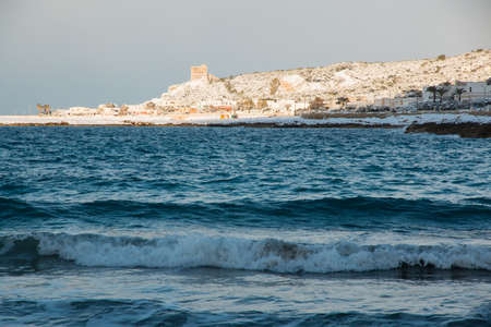 Ionian coast after a exceptional snowfall. 
Jan 2017, Salento, Italy.の写真素材