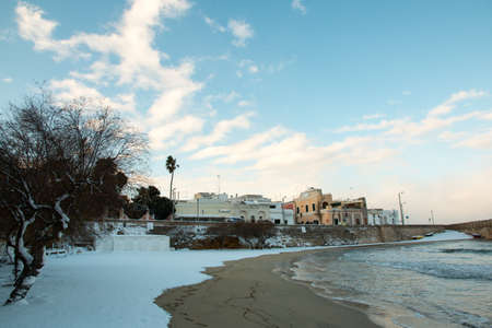 Santa Maria al Bagno beach after a exceptional snowfall. 
Jan 2017, Salento, Italy.の写真素材