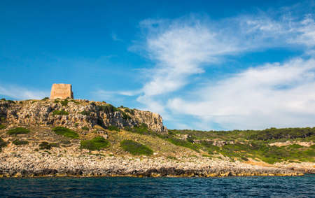 Watchtower near ionian sea (Uluzzo tower in Porto Selvaggio) Apulia, Salento, Italyの写真素材