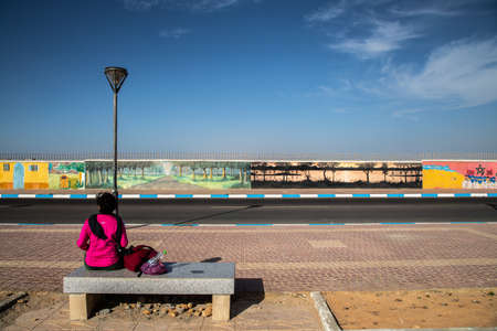 woman in fuchsia on the bench near the murals at Dakhla airport, Moroccoのeditorial素材