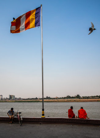 buddhist monks near Mekong riverfront, Phnom Penh, Cambodia
