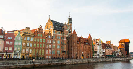 Gdansk at night with reflection in Motlawa river, Polandのeditorial素材