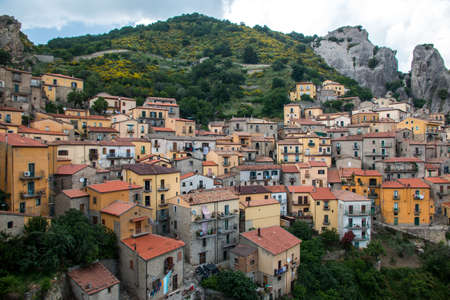 Panoramic view of Castelmezzano, tipical italian little village on appenini mountains, province of Potenza, in the Southern Italian region of Basilicataのeditorial素材