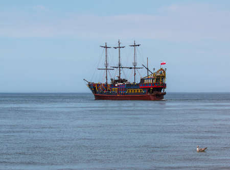 Sailing ship with polish flag near Gdansk city, Polandのeditorial素材
