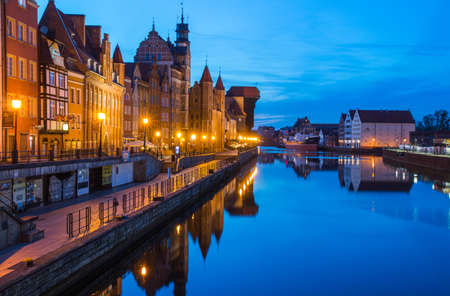 Gdansk at night with reflection in Motlawa river, Polandのeditorial素材