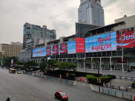 Ratchadamri Road (Ratchaprasong District) without traffic and people during the pandemic Covid-19,...