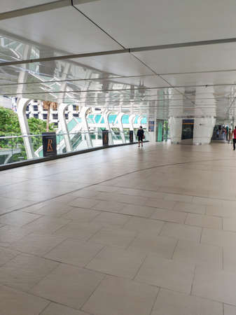 Ratchaprasong Skywalk Between Chidlom BTS Skytrain Station and Central World shopping mall without people during the pandemic Covid-19, Bangkok, Thailandのeditorial素材
