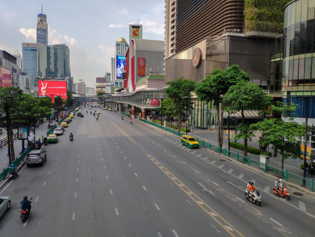 Ratchadamri Road (Ratchaprasong District) without traffic and people during the pandemic Covid-19,...