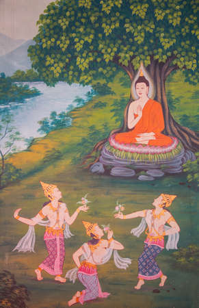 Buddhist painting detail inside Wat Chanasongkhram Ratchaworamahawihan (Wat Chana Songkhram), Bangkok, Thailandのeditorial素材