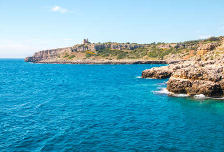 Watchtower near ionian sea (Uluzzo tower in Porto Selvaggio) Apulia, Salento, Italyの写真素材