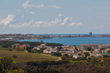 Panoramic view of gallipoli, a village near ionian sea, Apulia, Salento, Italyの写真素材
