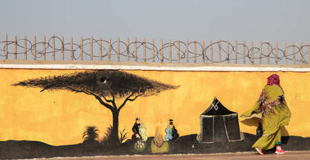 DAKHLA, MOROCCO, JAN 12, 2019: islamic woman walks near the graffiti on the wall, Dakhla, Western Sahara, Moroccoのeditorial素材