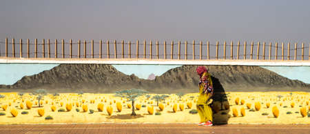 DAKHLA, MOROCCO, JAN 12, 2019: islamic woman walks near the graffiti on the wall, Dakhla, Western Sahara, Moroccoのeditorial素材