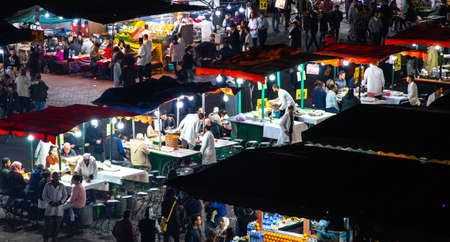 MARRAKECH, MOROCCO, JAN 15, 2019: street food in in Djemaa El Fna square, Marrakech, Moroccoのeditorial素材