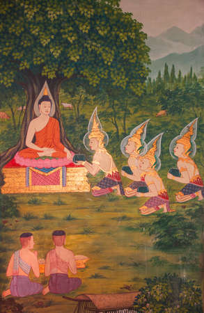 Buddhist painting detail inside Wat Chanasongkhram Ratchaworamahawihan (Wat Chana Songkhram), Bangkok, Thailandのeditorial素材