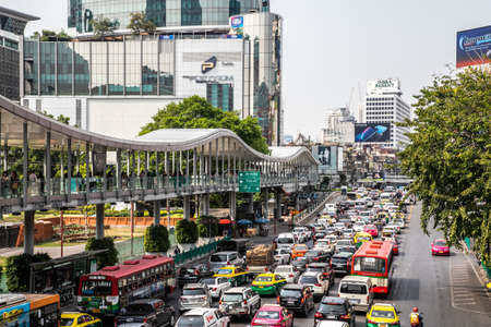 car and vehicle that cause of traffic on the road at Ratchaprasong District, Bangkok, Thailandのeditorial素材
