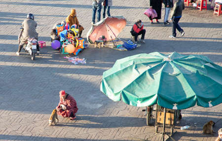 monkeys in Djemaa El Fna square, Marrakech, Moroccoのeditorial素材