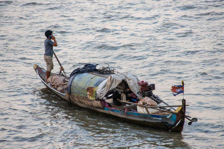 boat on Mekong river, Phnom Penh, Cambodiaのeditorial素材