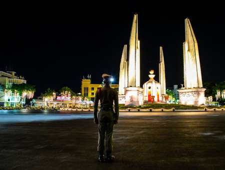 military near Democracy Monument by night during coronation celebrations of His Majesty King Maha Vajiralongkorn Bodindradebayavarangkun (King Rama X), Bangkok, Thailandのeditorial素材