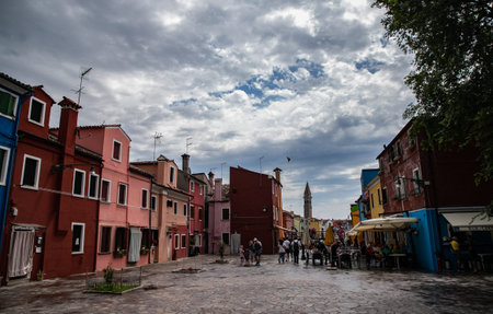 colorful houses in Burano island near Venice in a cloudy day, Italyのeditorial素材