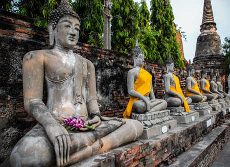 Buddha statues inside Wat Yai Chai Mongkhon, a Buddhist temple of archaeological park, Ayutthaya, Thailandの写真素材