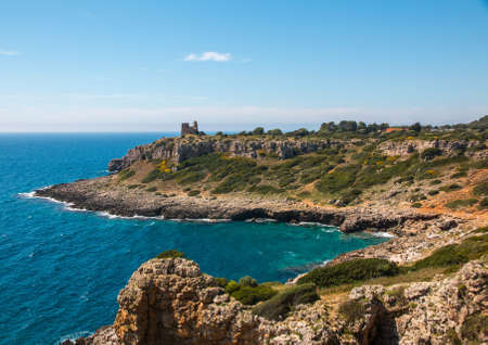 Watchtower near ionian sea (Uluzzo tower in Porto Selvaggio) Apulia, Salento, Italyの写真素材